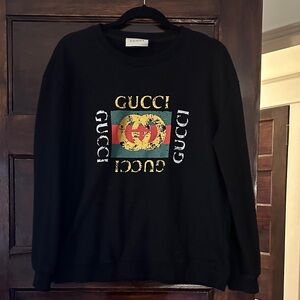 Faux Gucci Black Sweater with Gold and Red Logo